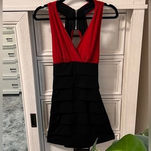 Red and black cocktail dress.